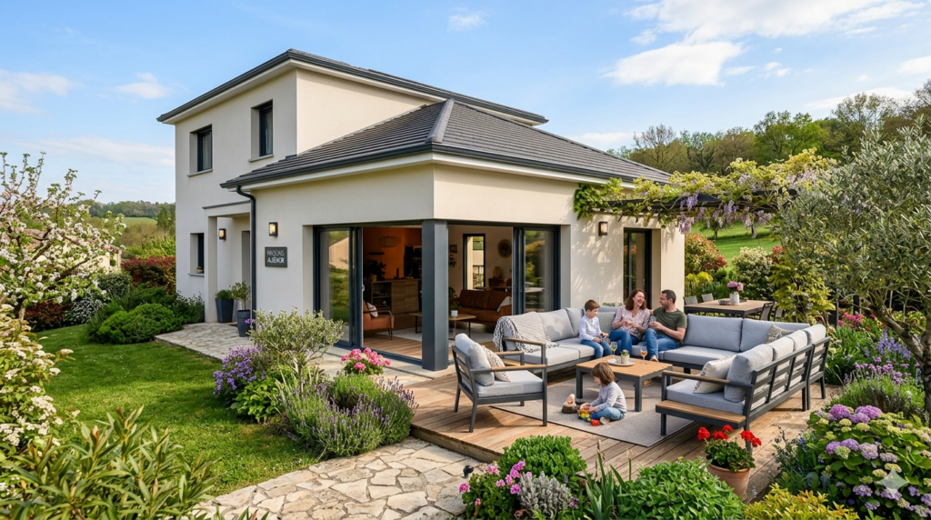 Famille profitant d'un salon de jardin résistant aux intempéries sur la terrasse en bois d'une maison neuve construite par Maisons Maury en Dordogne.