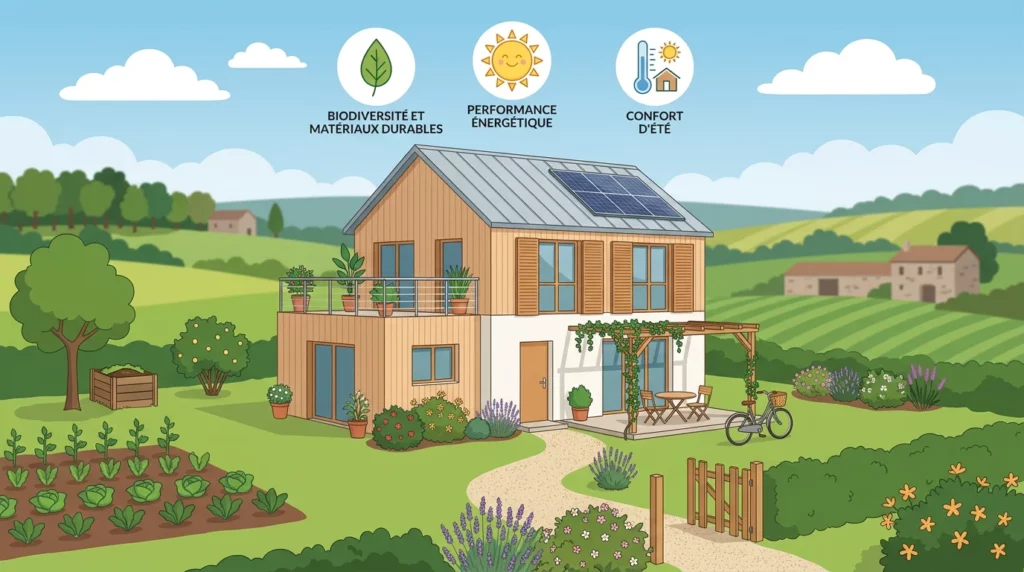 Illustration d'une maison neuve écologique conforme à la RE2020 dans la campagne française