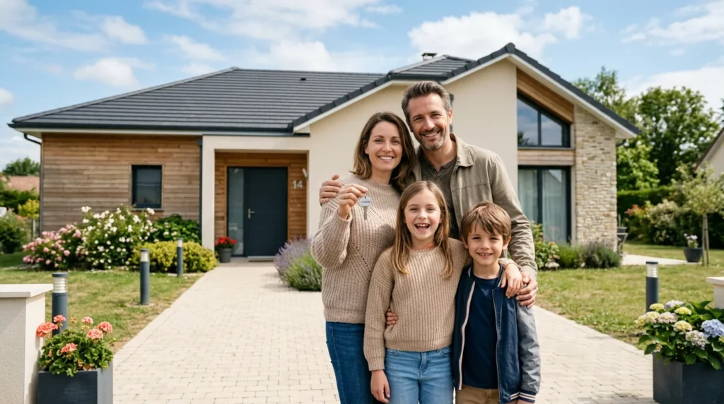 Une famille européenne devant sa nouvelle maison individuelle