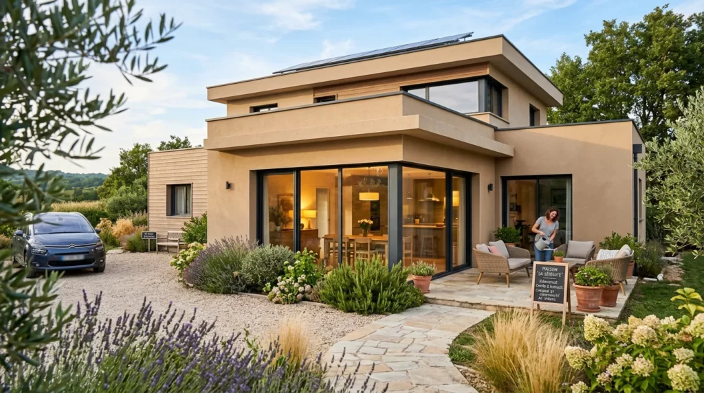 Maison moderne contemporaine avec toit plat et grandes baies vitrées