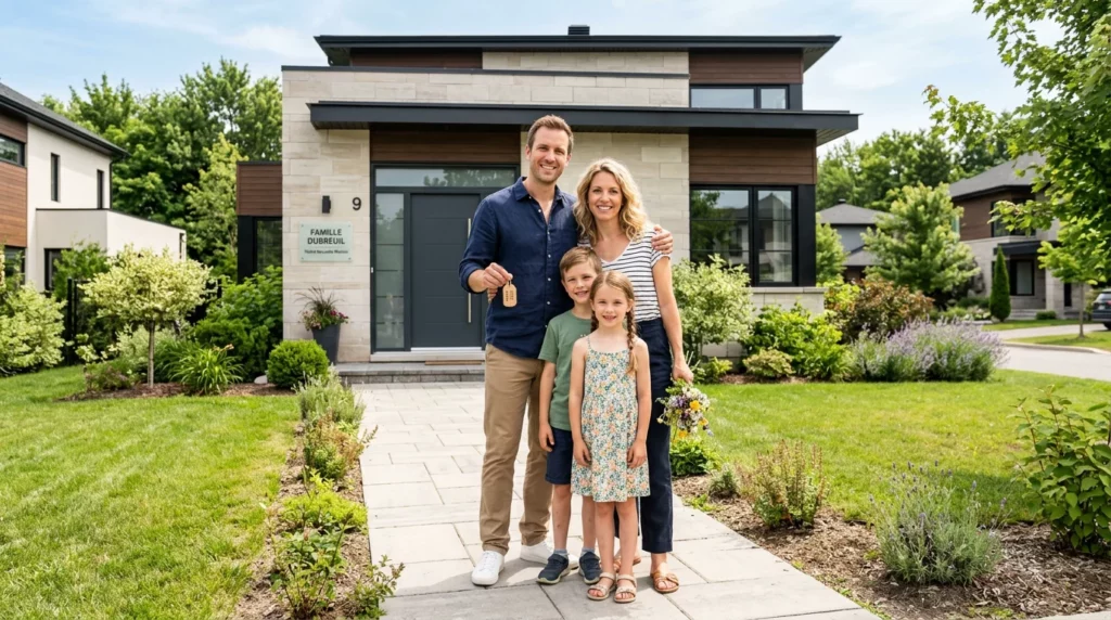 Famille européenne devant sa maison neuve à Brive