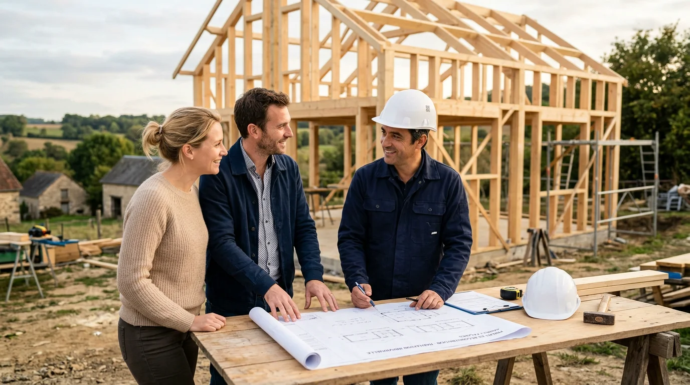Un couple européen échange avec un constructeur de maison sur un chantier
