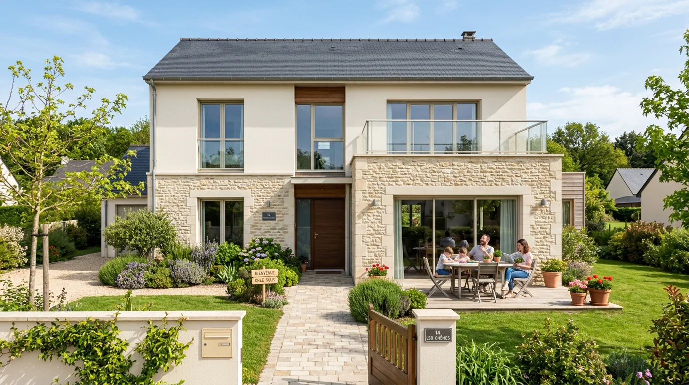 Maison contemporaine avec grandes baies vitrées et jardin