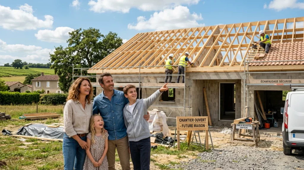 Maison individuelle en construction avec une famille européenne devant le chantier