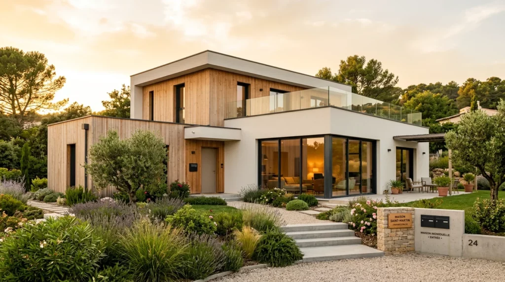 Maison moderne contemporaine à toit plat avec grandes baies vitrées et jardin