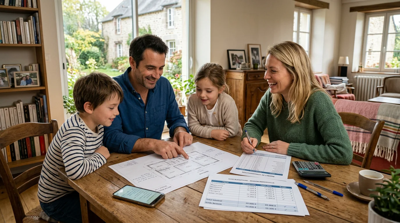 Famille européenne calculant le budget de construction de sa maison