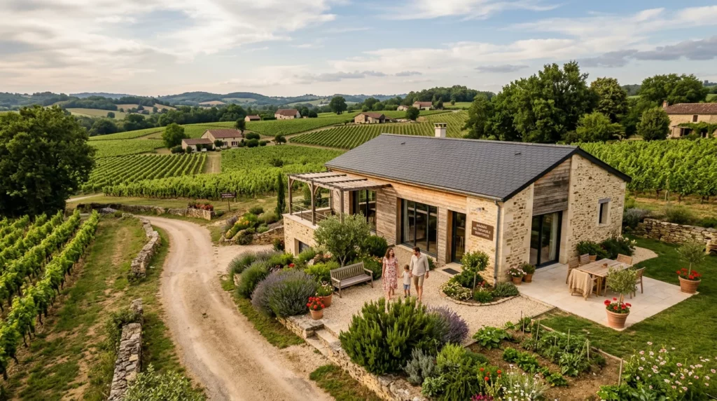 Maison neuve avec jardin dans la campagne du Bergeracois entourée de vignes