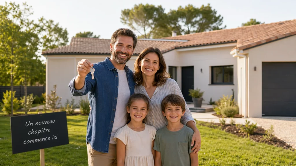 Famille européenne heureuse devant leur maison neuve individuelle construite sous CCMI