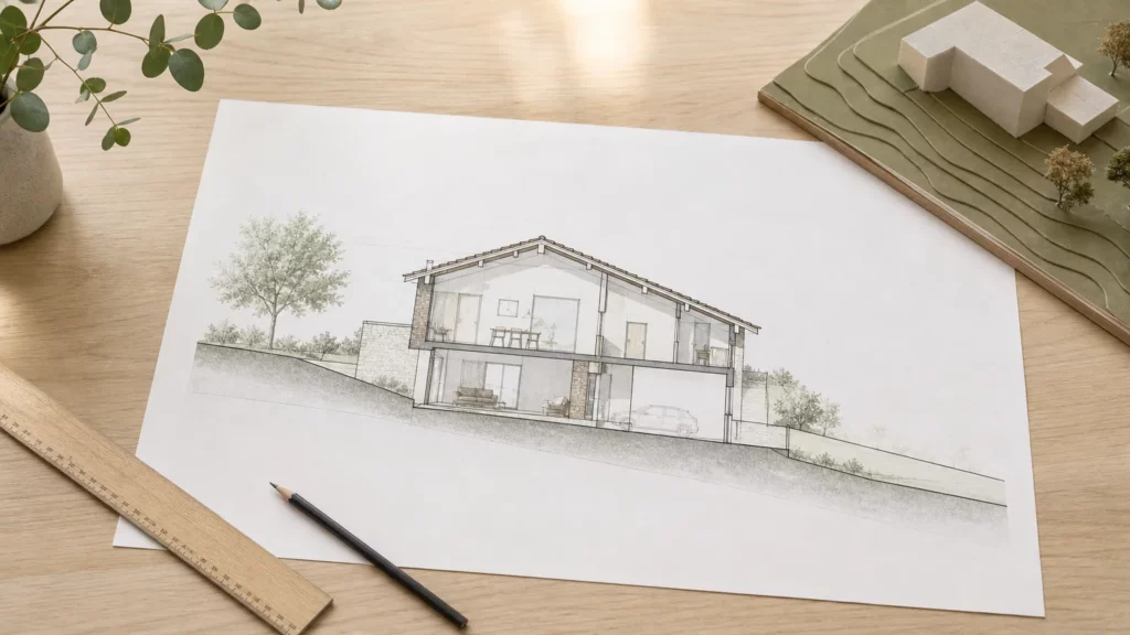 Plan en coupe d’une maison implantée sur un terrain en pente