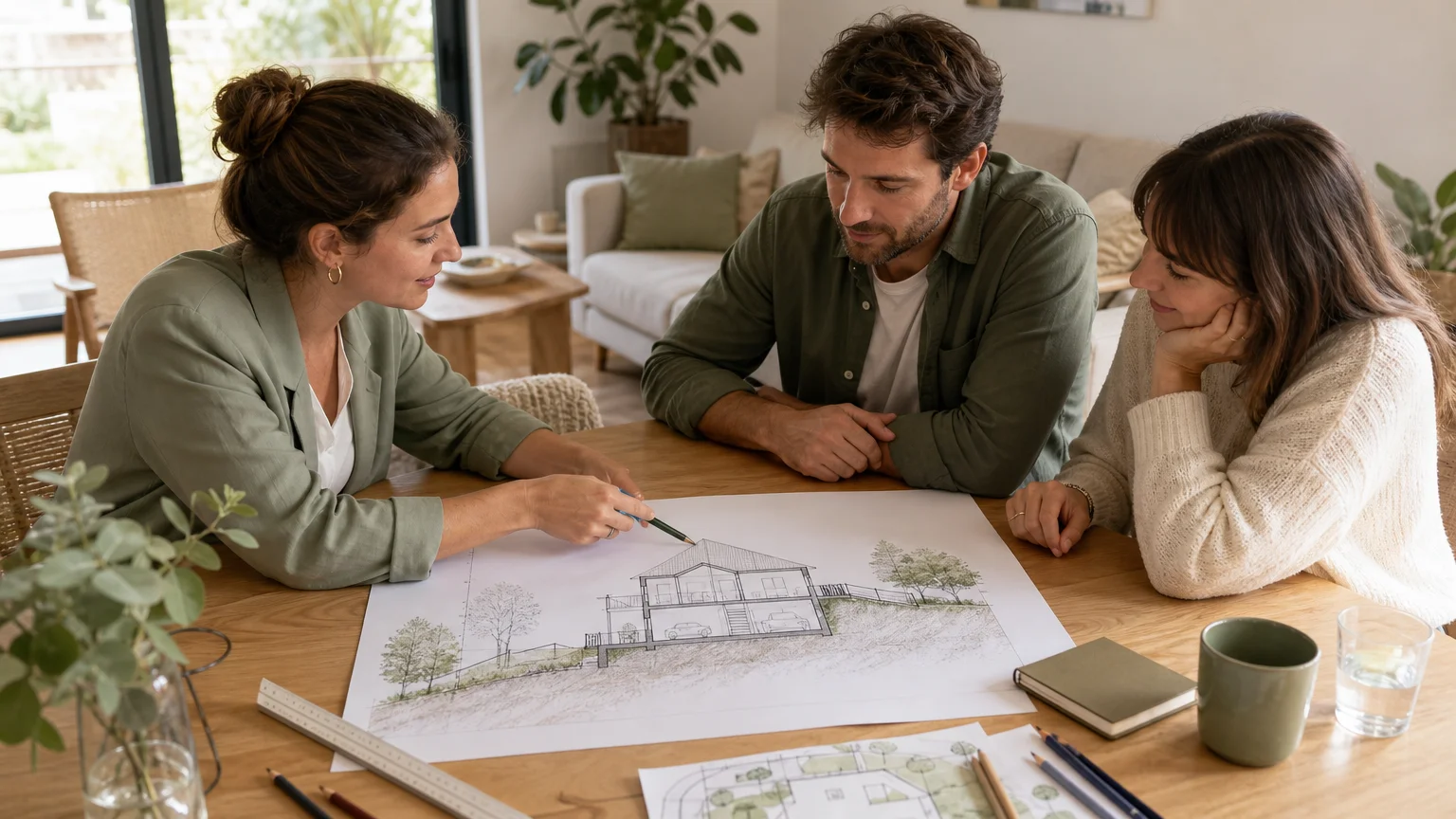 Couple consultant un plan en coupe de maison avec une professionnelle