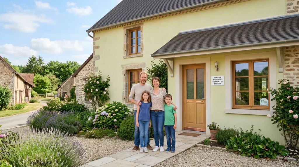 Famille européenne devant une maison rénovée grâce aux aides à la rénovation énergétique