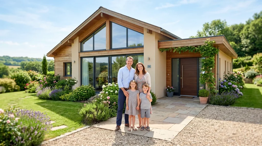Famille devant sa maison individuelle sur mesure neuve