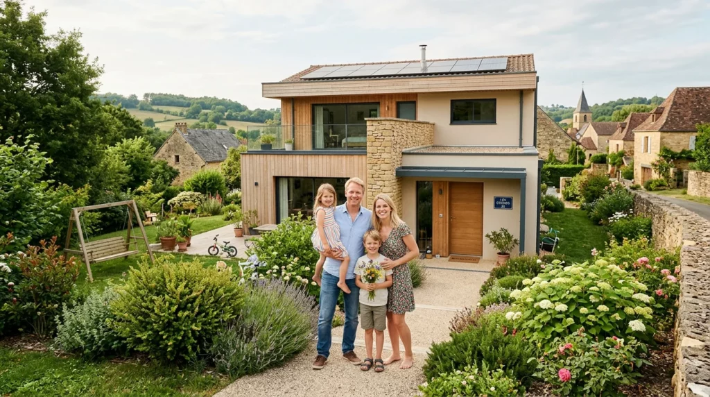 Famille européenne devant sa maison neuve près de Périgueux