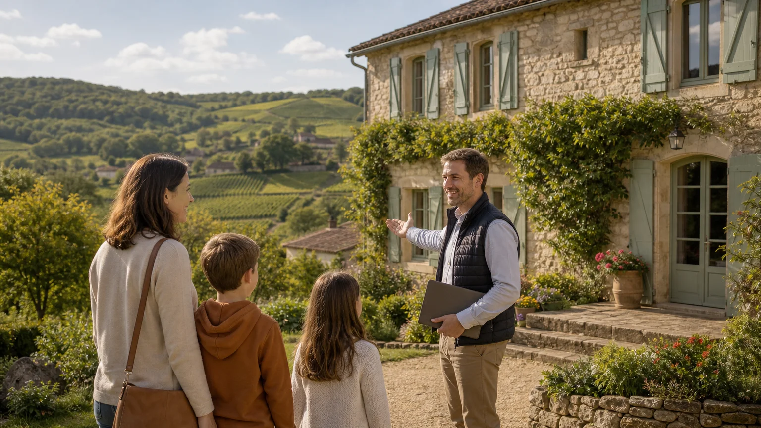 Famille européenne visitant une maison en pierre avec jardin dans un village du Lot
