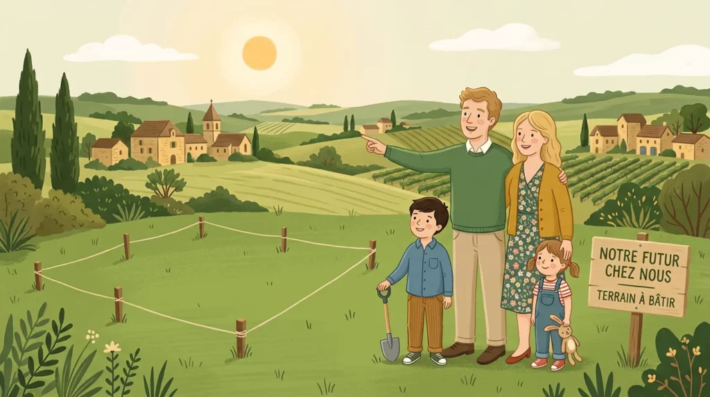 Illustration d'une famille européenne choisissant un terrain constructible en Dordogne