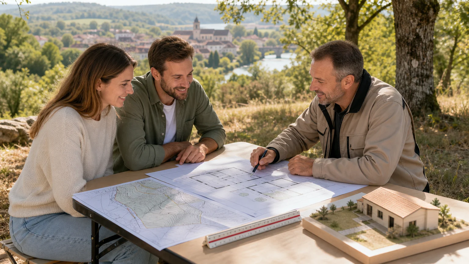 Couple étudiant un projet de maison sur un terrain près de Cahors