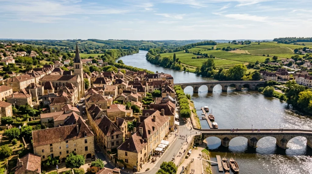 Vue de la ville de Bergerac au bord de la Dordogne sous le soleil