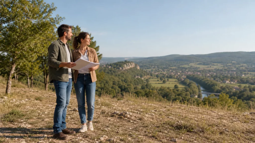 Couple visitant un terrain pour construire une maison près de Cahors