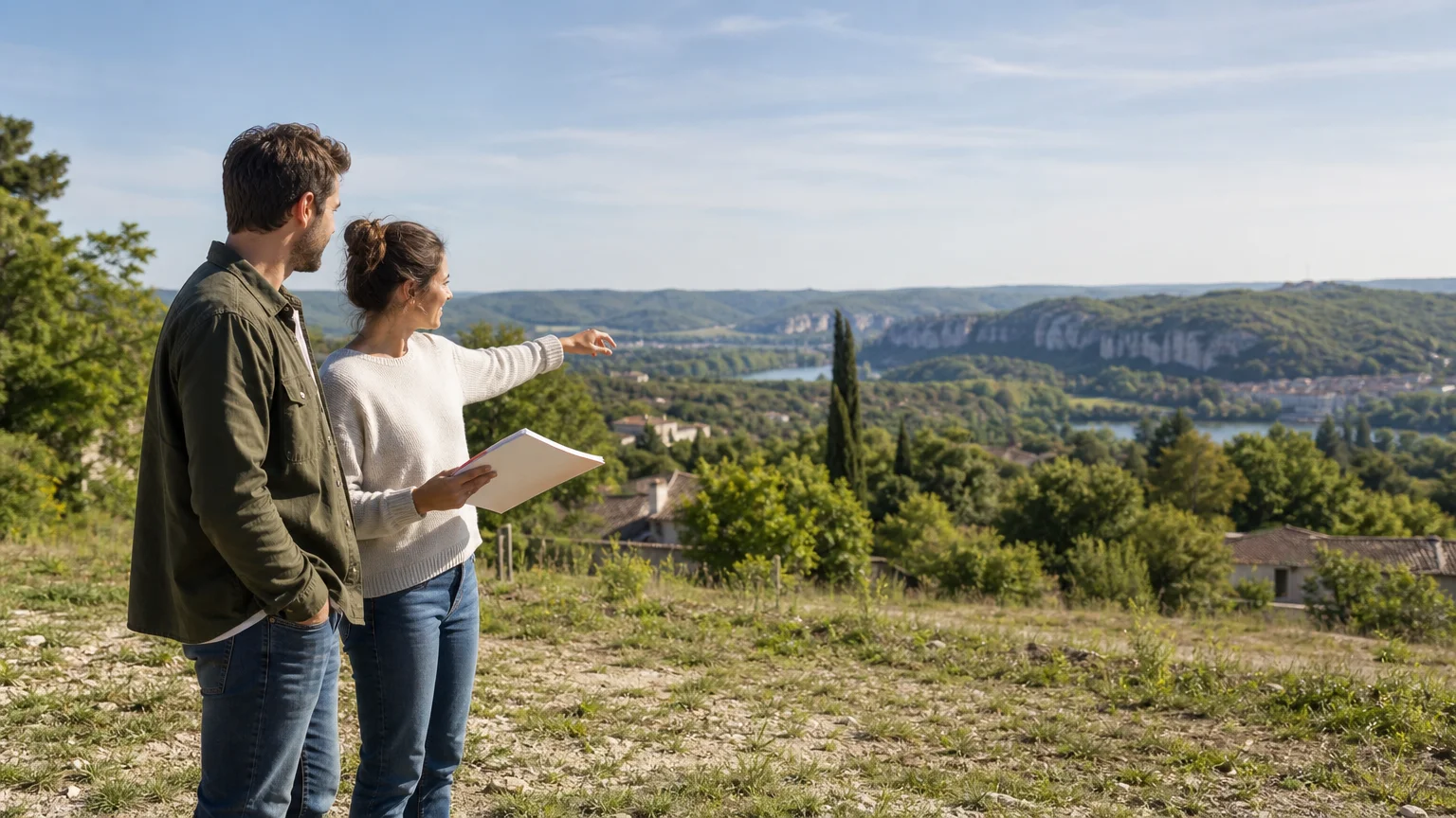 Couple visitant un terrain pour construire une maison près de Cahors
