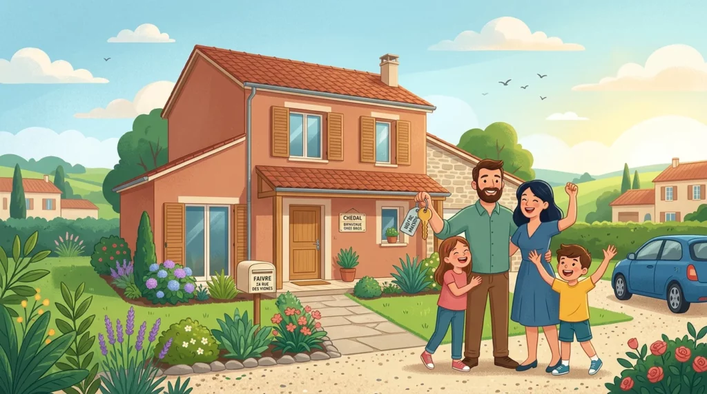 Famille européenne devant sa maison individuelle neuve, clés en main
