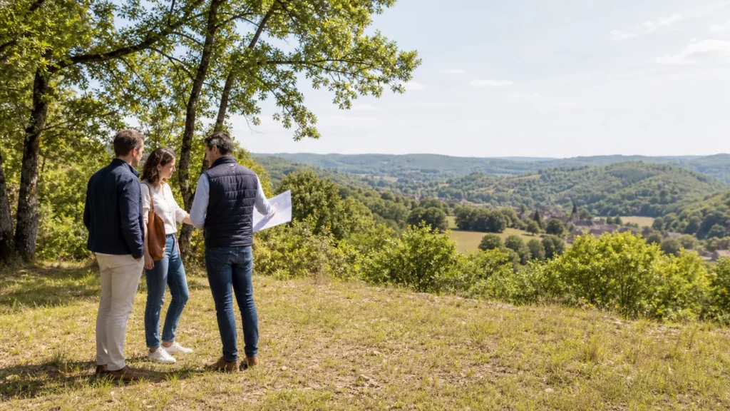 Couple visitant un terrain constructible près de Sarlat-la-Canéda