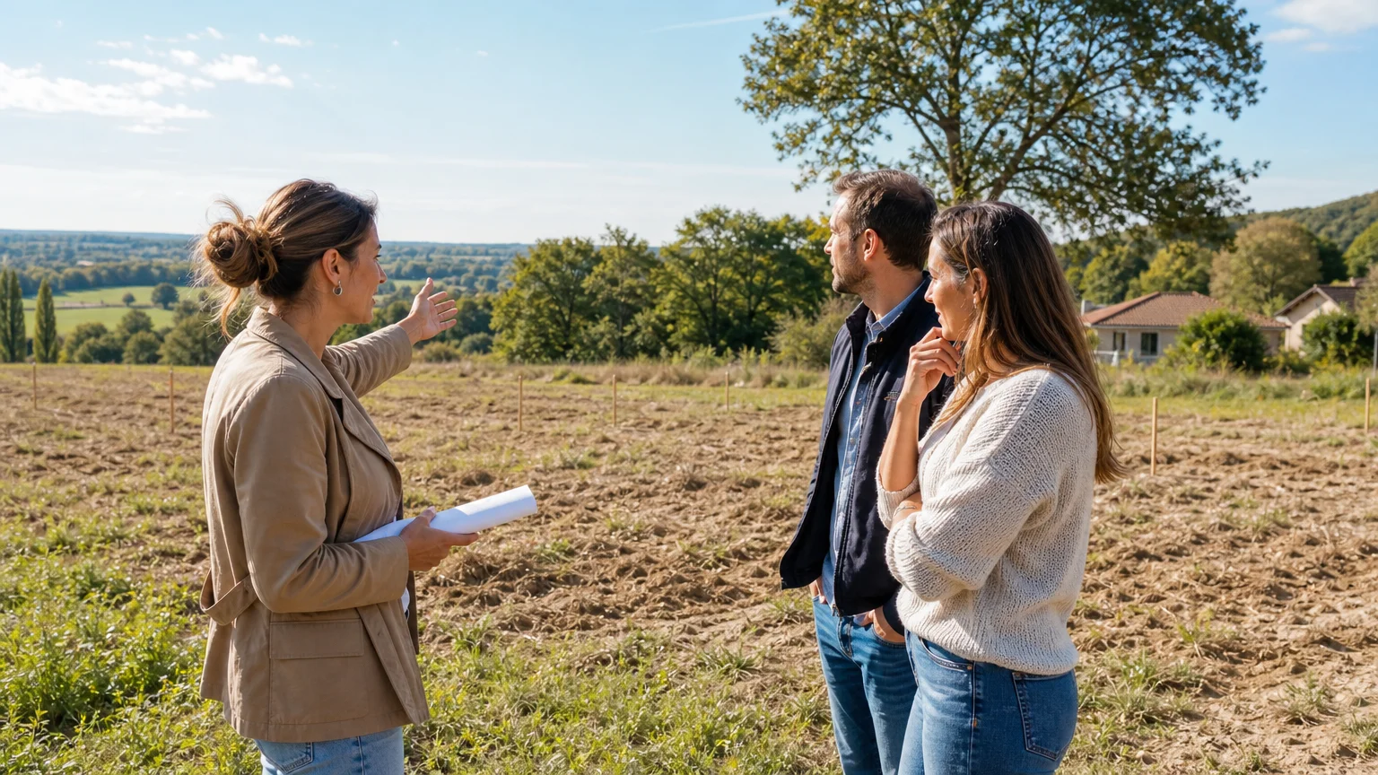 Couple étudiant un terrain à bâtir près de Bergerac avec une professionnelle