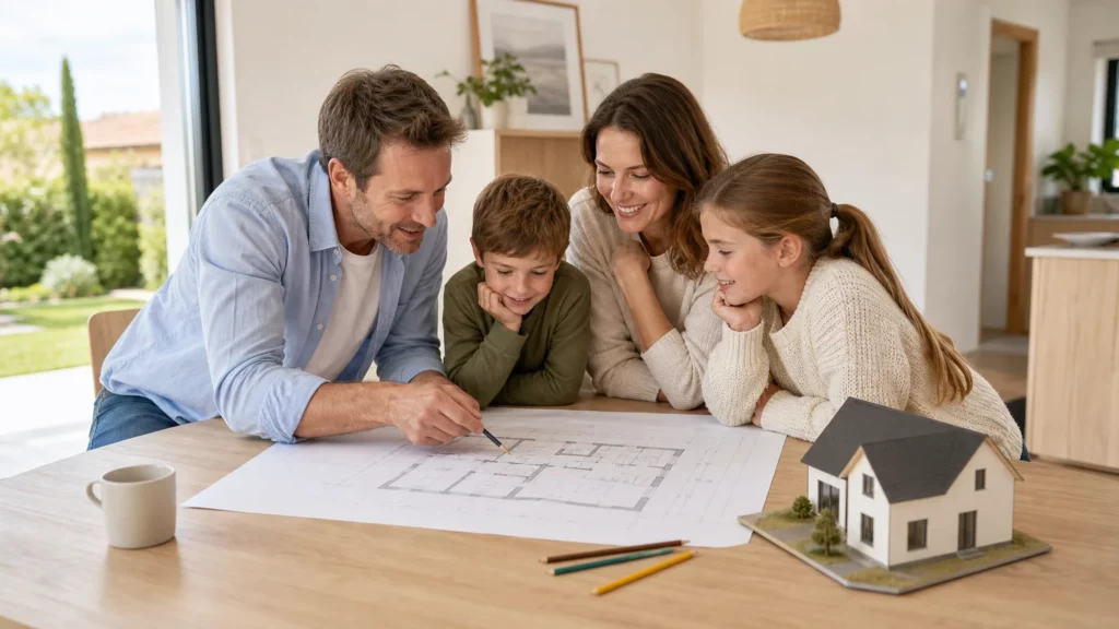Famille étudiant un plan de maison de 3 chambres