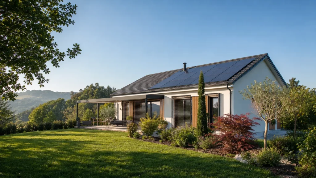 Maison individuelle française avec panneaux photovoltaïques et conception bioclimatique