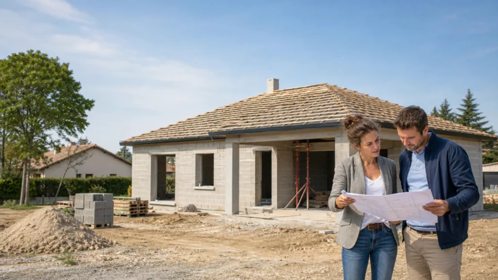 Couple devant une maison individuelle neuve en construction