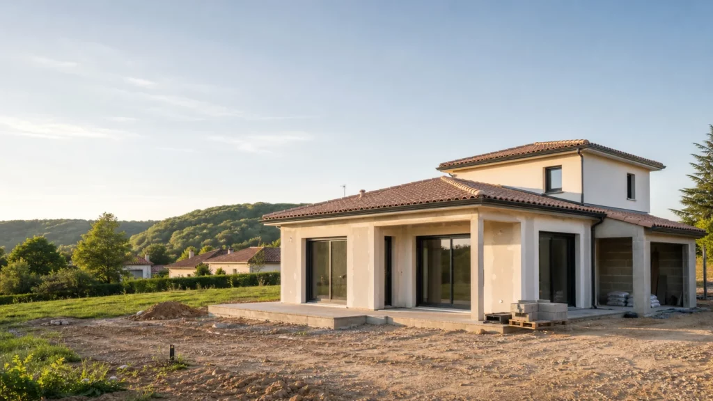 Maison individuelle en construction dans un environnement résidentiel français