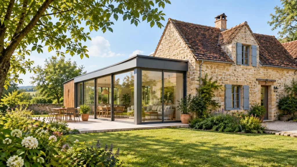 Extension contemporaine intégrée à une maison périgourdine en pierre, dans un jardin verdoyant.