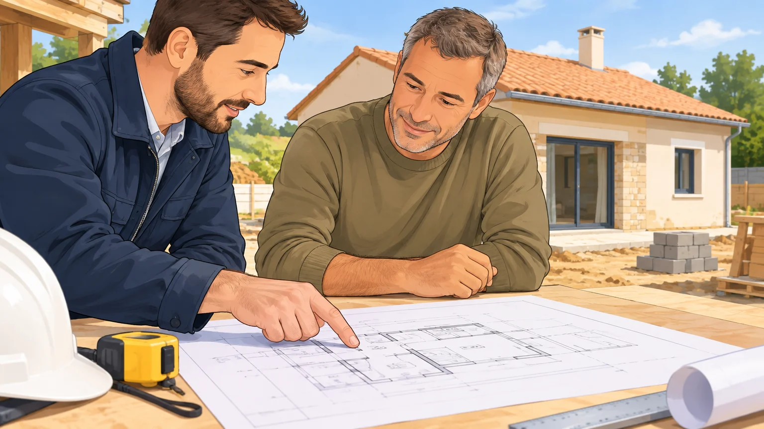 Un professionnel et un propriétaire examinent le plan d’une extension sur un chantier.