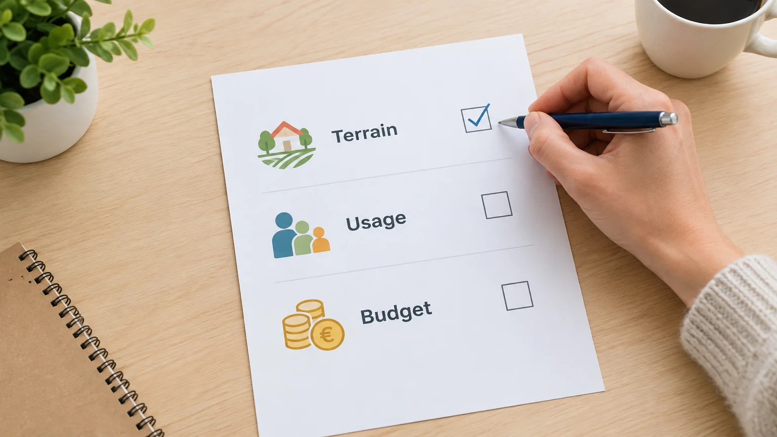 Une liste de contrôle présente les critères terrain, usage et budget.
