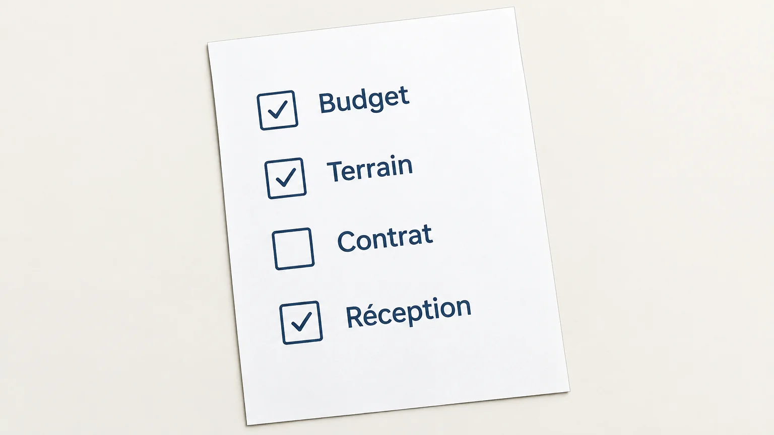 Liste de contrôle en français avec les étapes budget, terrain, contrat et réception