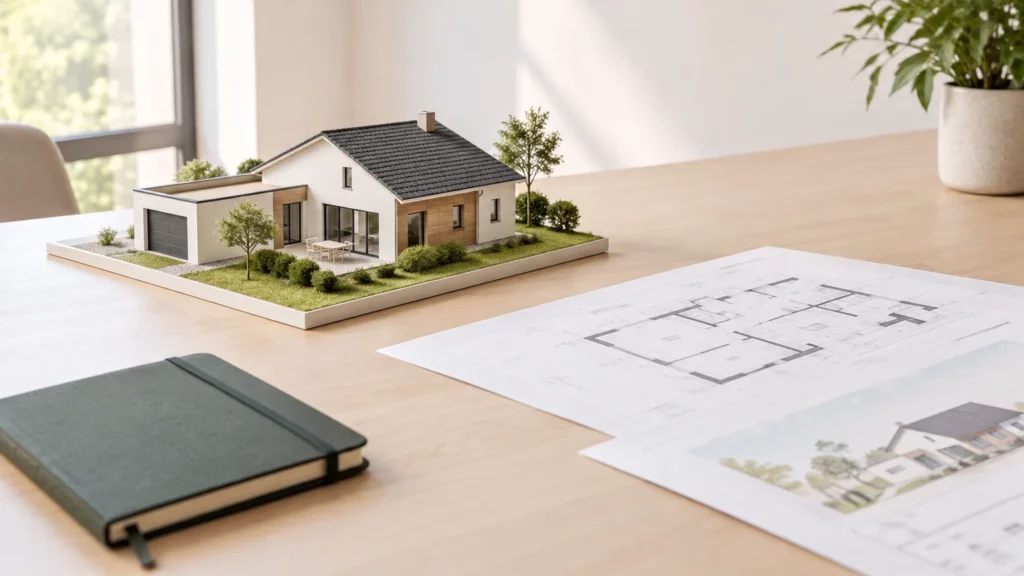 Maquette de maison et plans pour préparer le financement d’une construction
