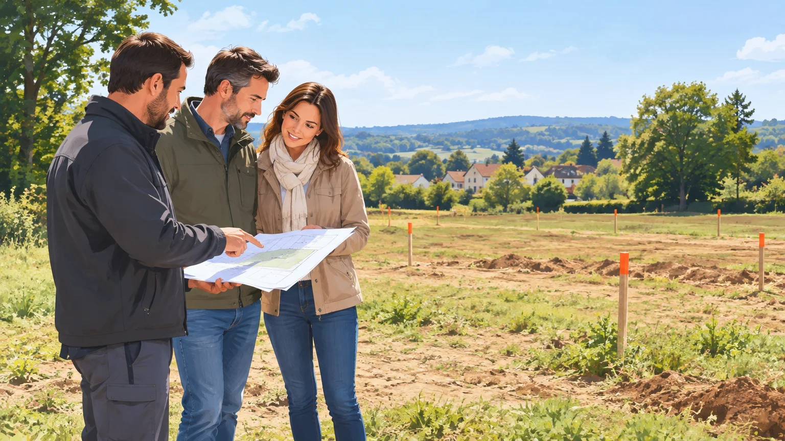 Un constructeur présente le plan d’un terrain à bâtir à un couple avant leur projet de construction de maison en Dordogne.