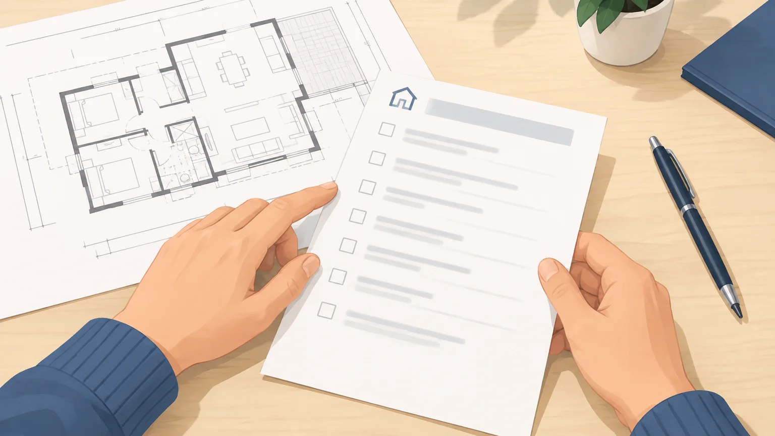 Check-list de préparation d’un projet de construction de maison avec plan architectural.