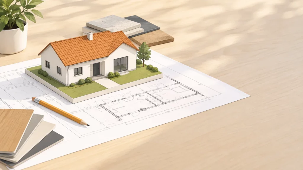 Maquette de maison individuelle posée sur un plan de construction