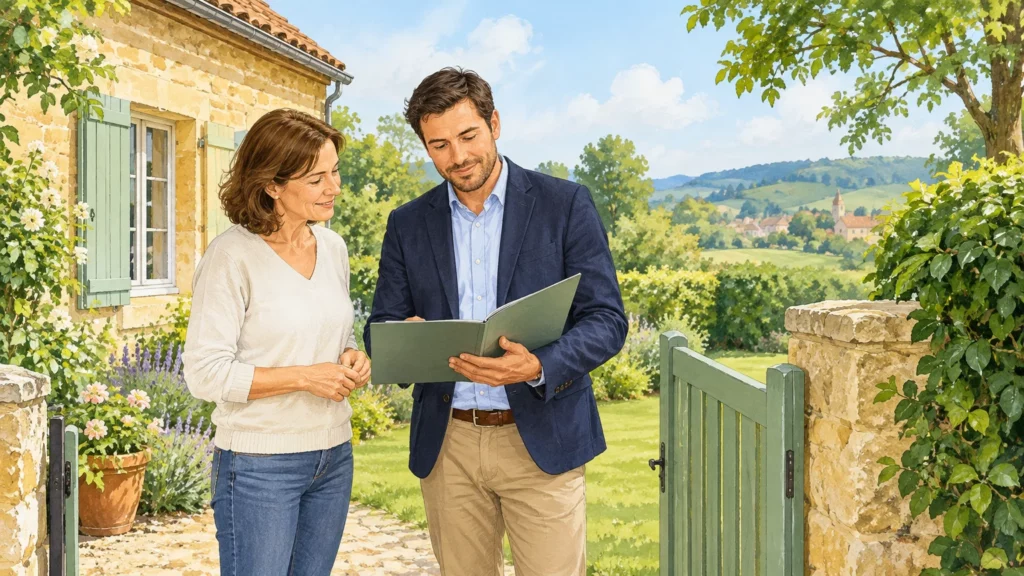 Un propriétaire échange avec un conseiller devant une maison en pierre et son jardin en Dordogne.