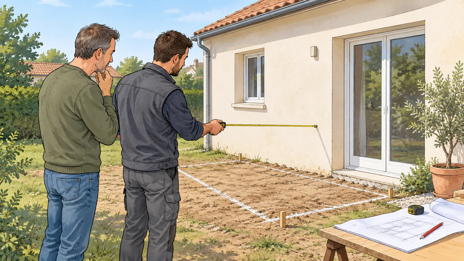 Un propriétaire et un professionnel examinent le terrain près de la maison