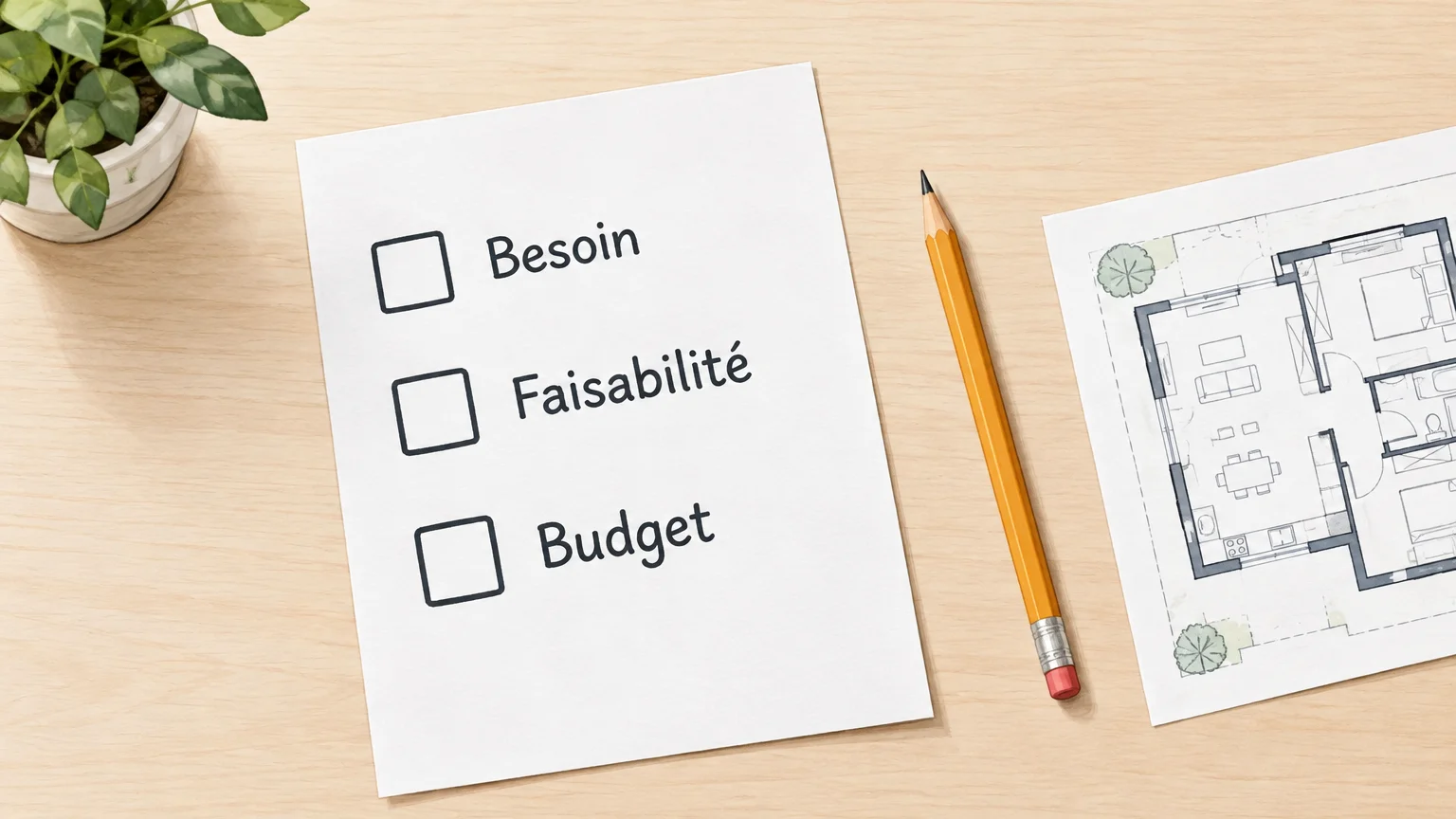 Feuille de préparation d’un projet avec les étapes besoin, faisabilité et budget