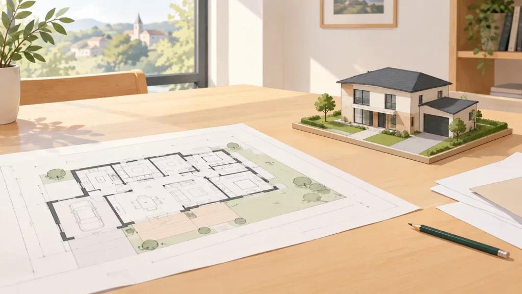 Plan de maison et maquette d’architecture posés sur une table claire.