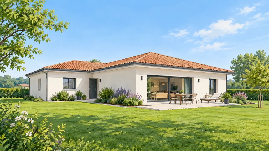 Maison de plain-pied ouverte sur une terrasse et un jardin