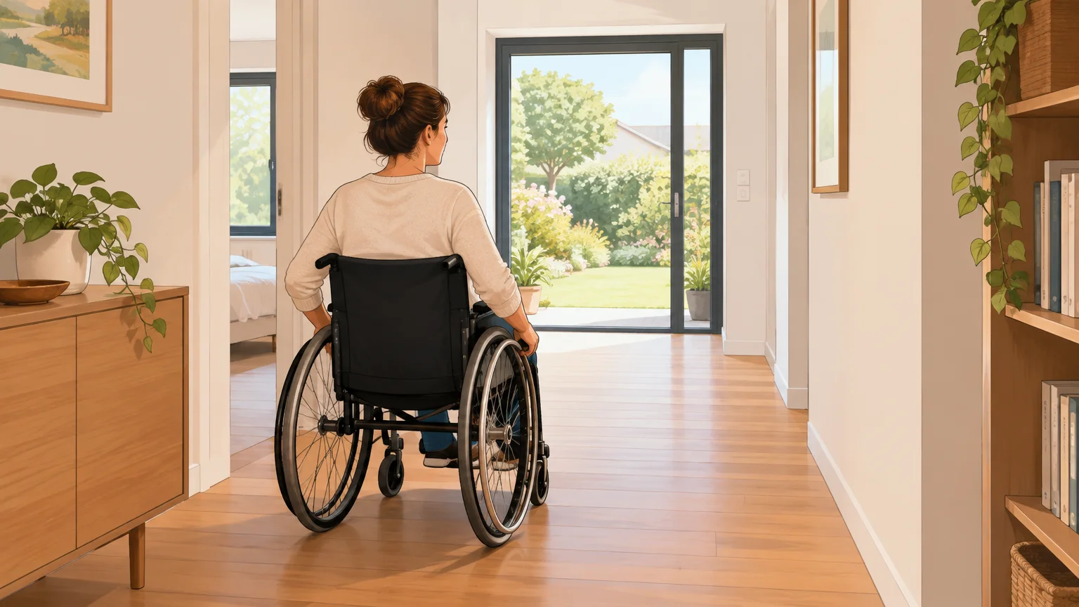Personne en fauteuil roulant dans un passage dégagé vers le jardin
