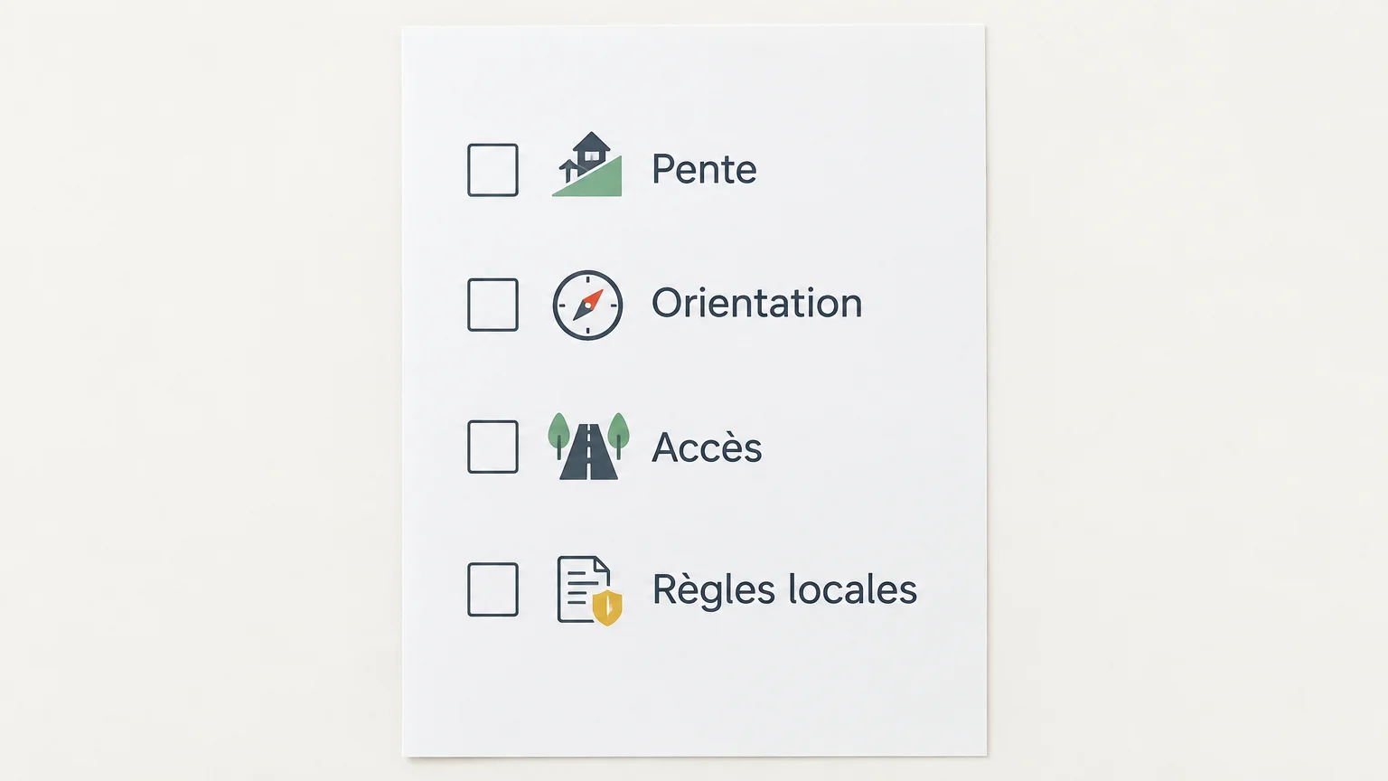 Checklist illustrée des critères à vérifier sur un terrain