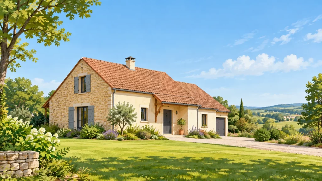 Maison d’inspiration périgourdine intégrée dans un paysage rural de Dordogne