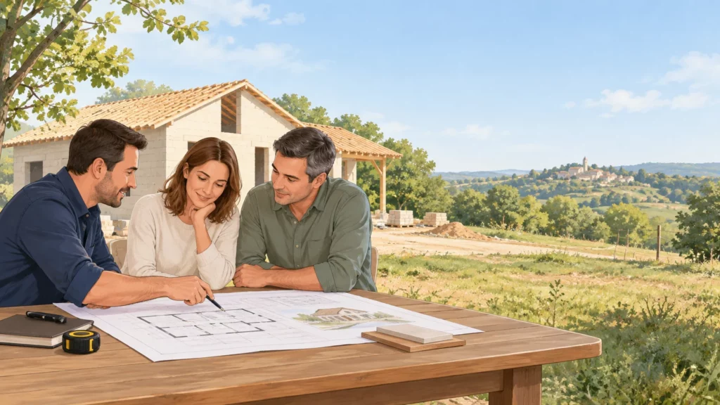 Un couple examine les plans de sa future maison avec un professionnel de la construction en Dordogne.